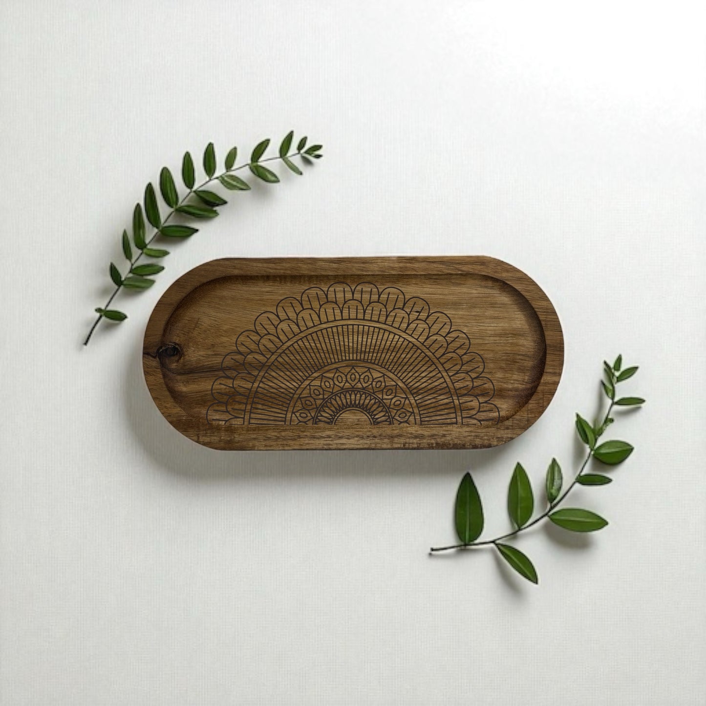 Engraved Acacia Wood Mandala Tray | Decorative Valet Tray & Crystal Holder