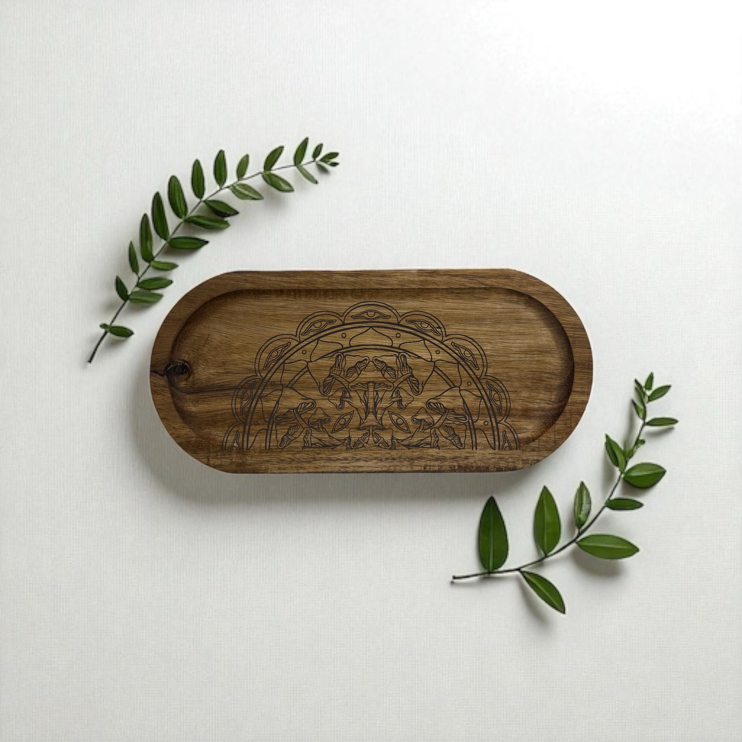 Engraved Acacia Wood Mandala Tray | Decorative Valet Tray & Crystal Holder