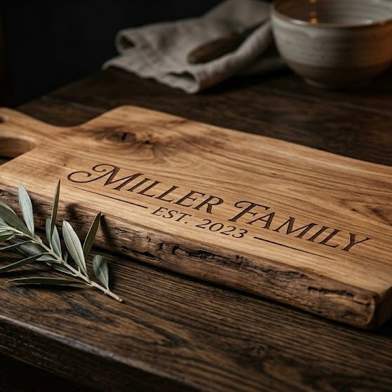 Personalized wooden cutting board with "Miller Family Est. 2023" engraved, perfect for new homes.
