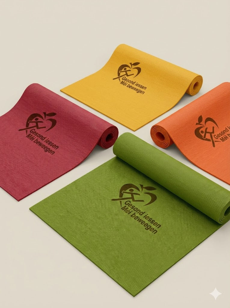 Vibrant yoga mats in red, orange, yellow, and green, each with a "Gesund essen, Mehr bewegen" logo.