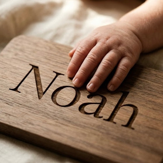 Tiny baby hand resting on a natural wood plaque with the name "Noah" engraved, conveying a warm, personalized new baby collection.