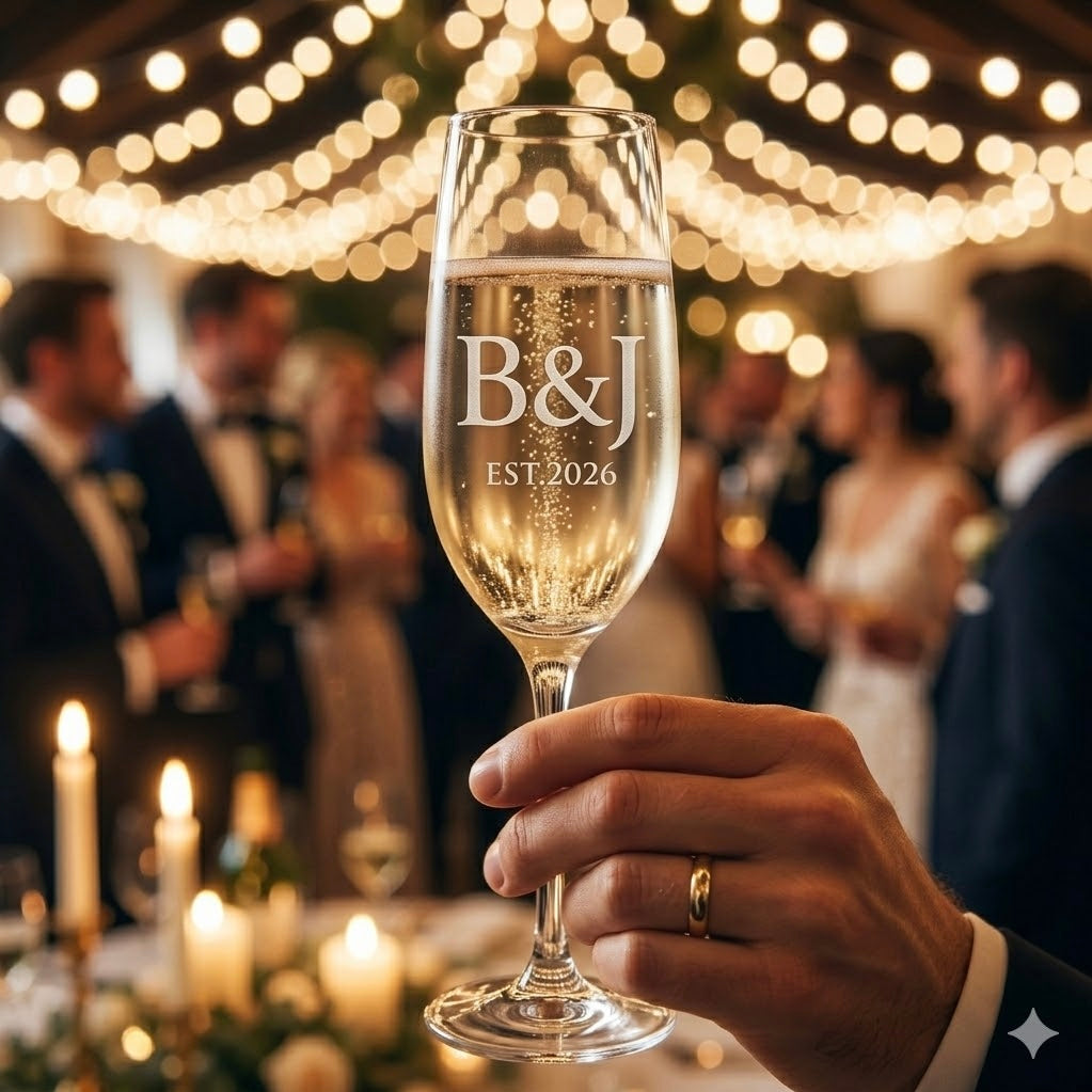 Personalized champagne flute with "B&J EST. 2026" at a warm, festive wedding reception.