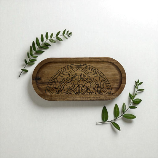 Engraved Acacia Wood Mandala Tray | Decorative Valet Tray & Crystal Holder