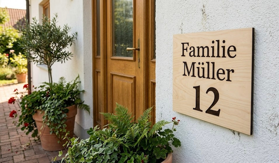 Personalized Laser Engraved Wooden House Sign | Family Name & Number | Made in Luxembourg