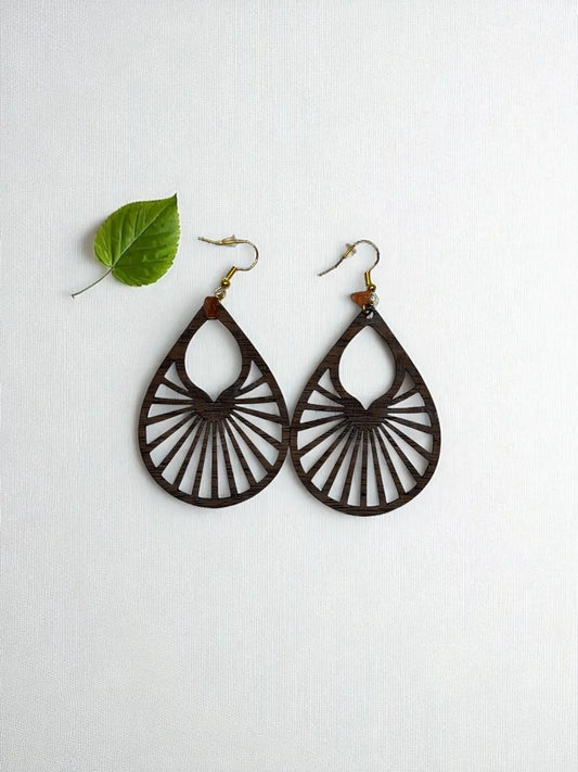 Art Deco Sunburst Earrings | Walnut Wood Teardrop Dangles | Hypoallergenic Boho Jewelry with Spiritual Stone