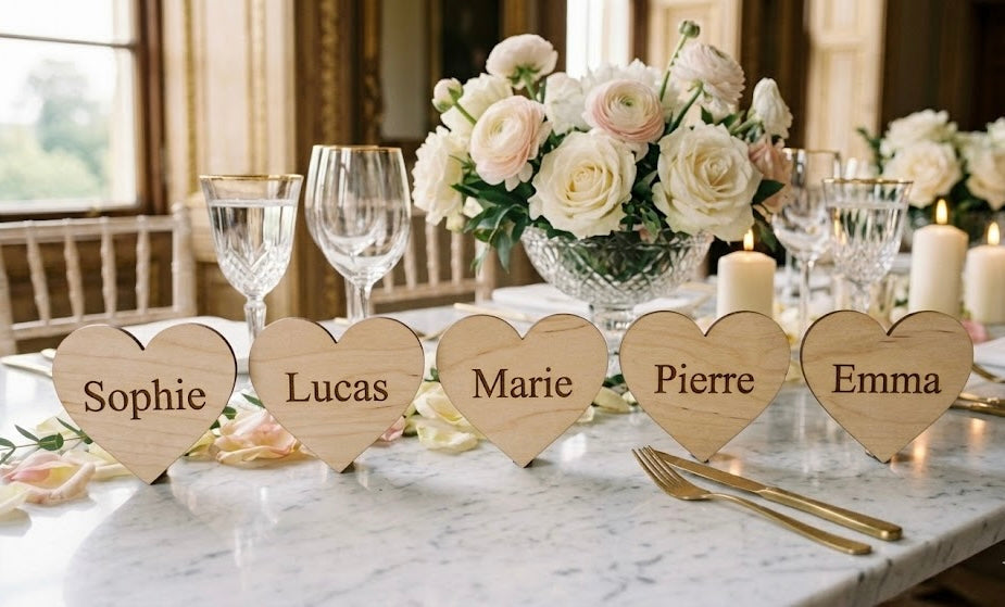 Laser Engraved Wooden Wedding Place Cards | Personalized Table Cards | Made in Luxembourg