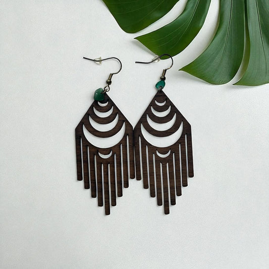 Art Deco Walnut Wood Earrings | Hypoallergenic Dangle Earrings with Spiritual Stone | Boho Geometric Jewelry