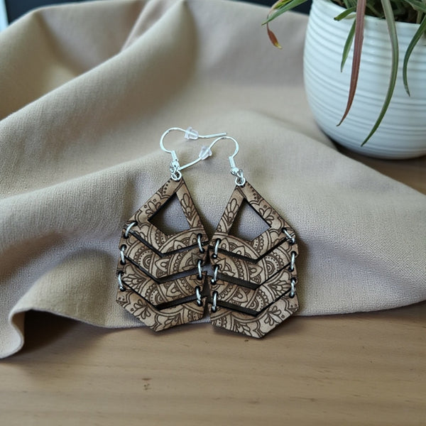 Boho Zentangle Wooden Triangle Earrings