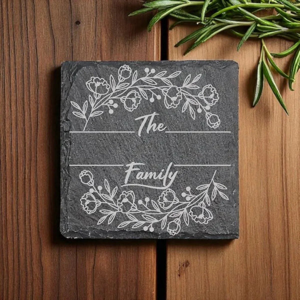 Slate Coaster Family Name Floral Engraving