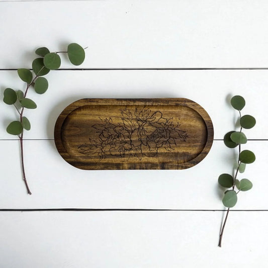 Artisan Engraved Acacia Wood Tray - Botanical Leaf Pattern