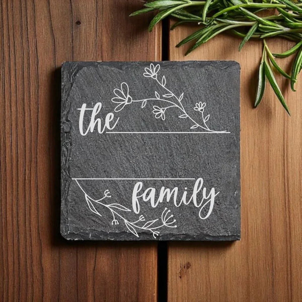Slate Coaster Family Name Botanical Design